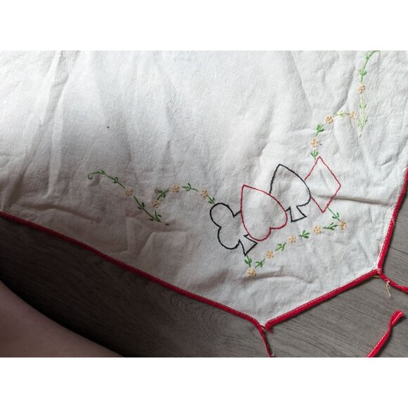 Vintage Tablecloth With Embroidered Playing Card Suits & Floral Design  29" x 29 - Picture 3 of 9